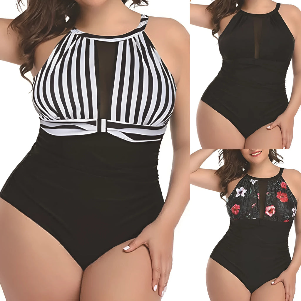 Women's solid colour polyester one-piece swimsuit with lace detailing in black colour