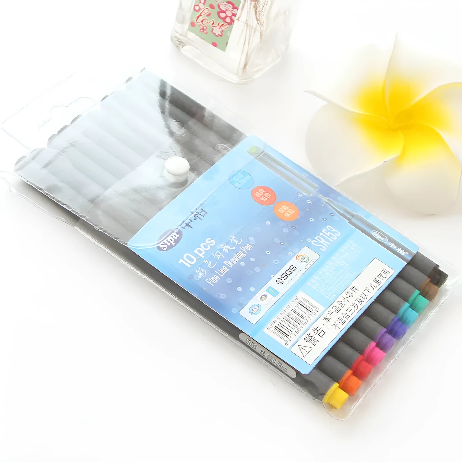 Set of ten 0.38mm fine tip technical drafting pens with syringe stroke mechanism, each 15.8cm long.
