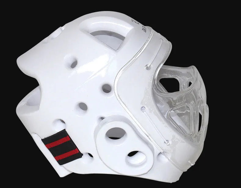 White, blue, and red karate boxing helmet headgear in sizes S, M, L, XL for head protection.