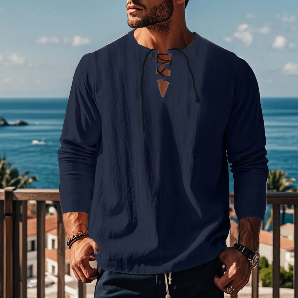 Men's solid colour cotton linen beach shirt in loose fit pullover style