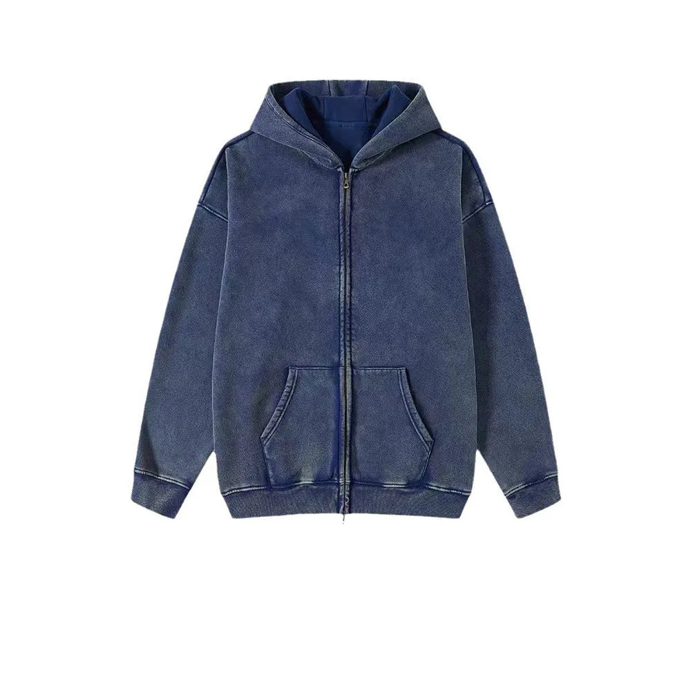 Men's washed black hooded cardigan with double zipper and fleece lining in vintage cotton style