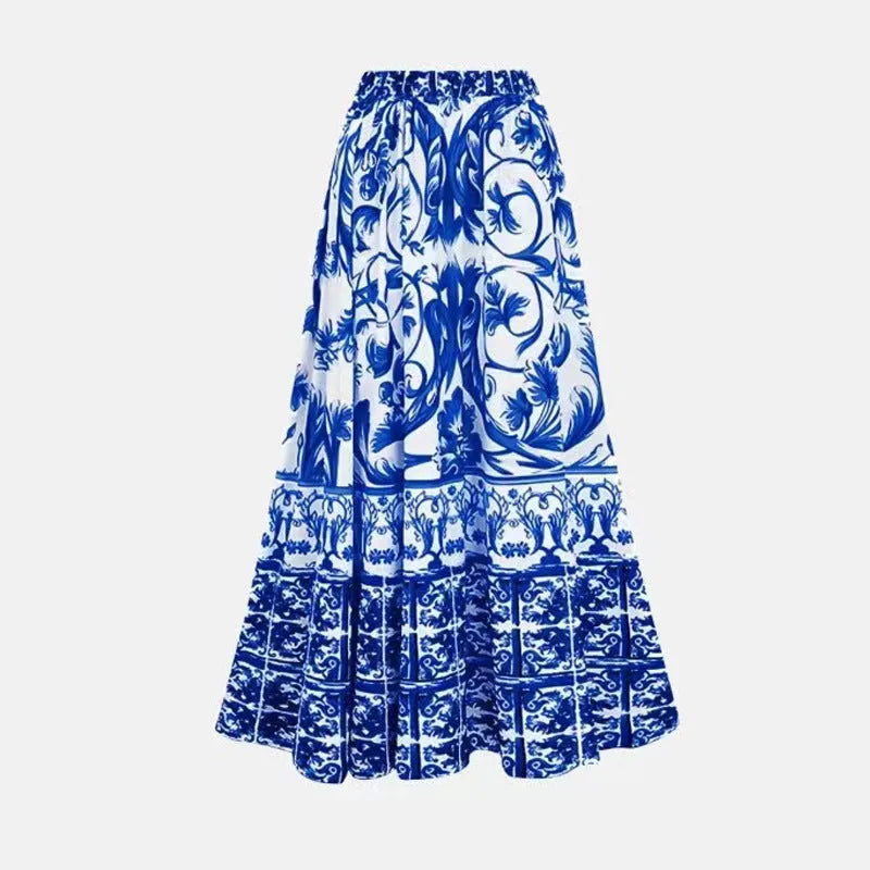 Women's one-piece polyester swimsuit in printed rose pink or blue with optional skirt design