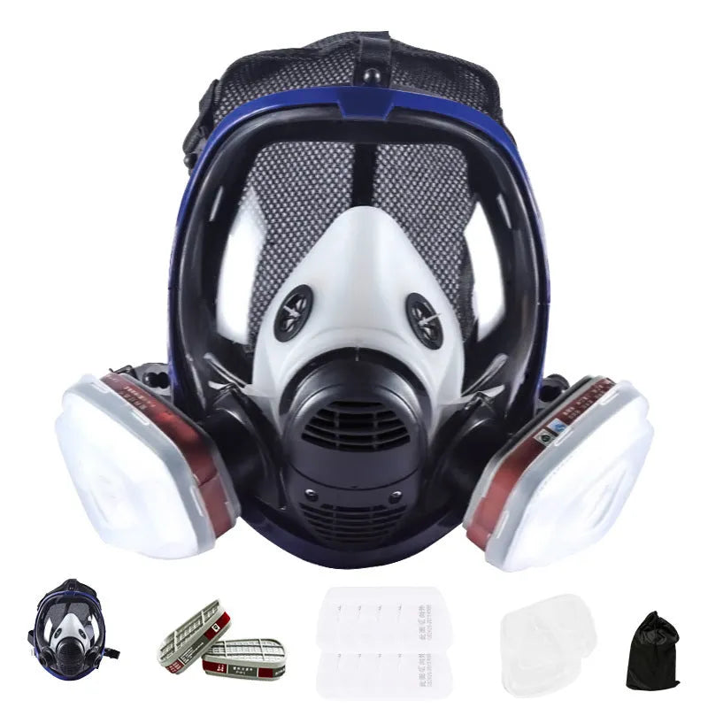 Blue-edged spherical full-face gas mask with a trapezoidal filter canister on a white background.