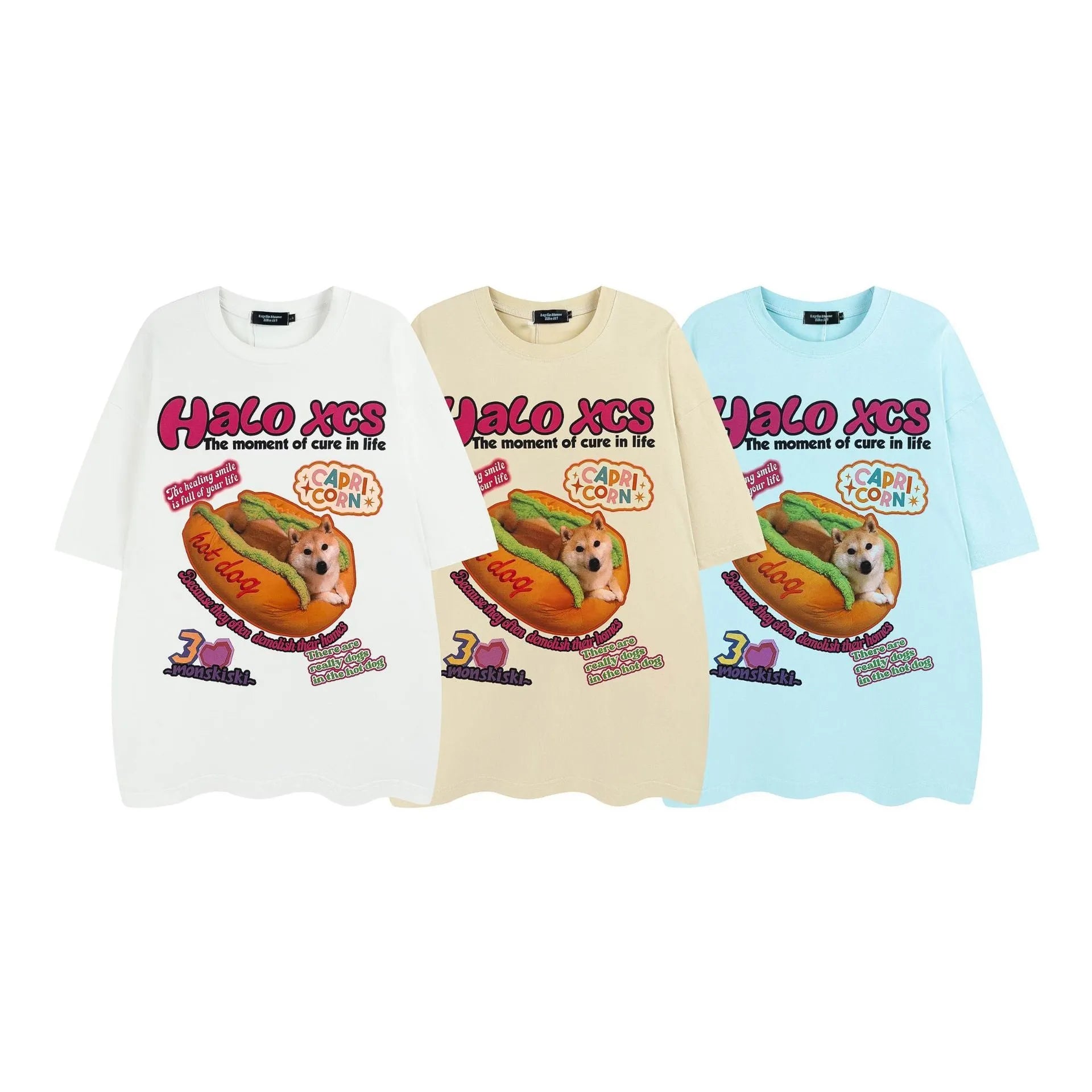 White short-sleeved cotton t-shirt with a cartoon hamburger dog graphic print, shown on a model.