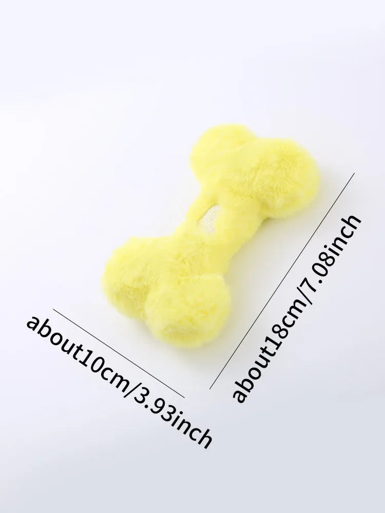Cute love bone shaped plush dog toy in blue, pink, and yellow colours for interactive chewing play.