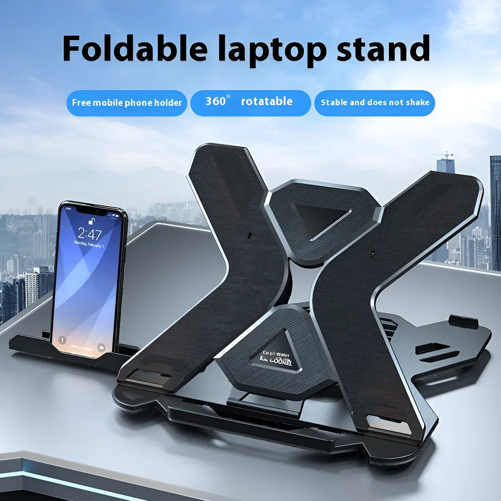 Black ABS plastic laptop bracket with phone holder measuring 300x200mm