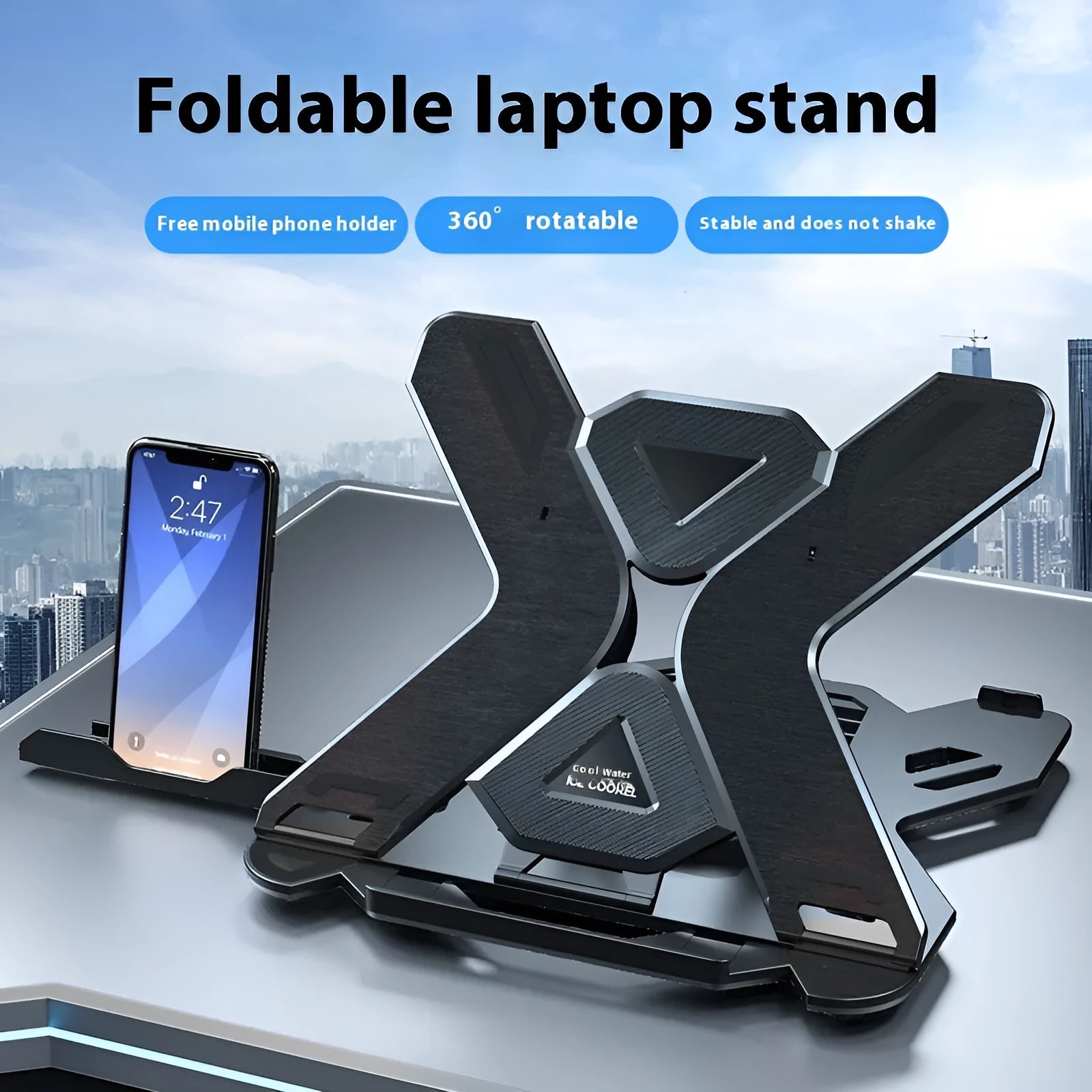 Black ABS plastic laptop bracket with phone holder measuring 300x200mm