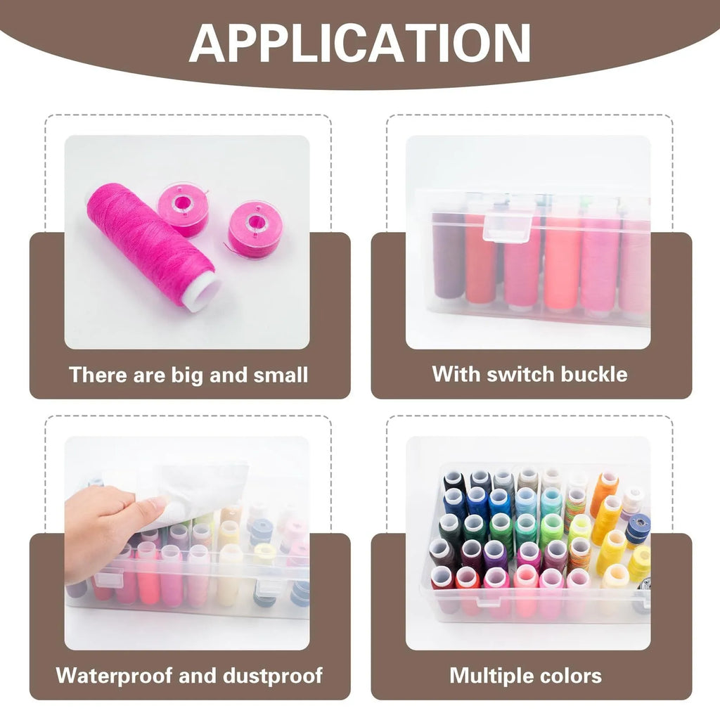 Transparent plastic storage box with 42 small compartments for organising embroidery thread.