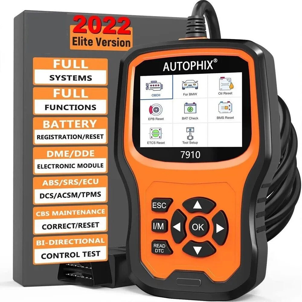 Autophix 7910 BMW diagnostic scanner with OBD2 connector for vehicle fault code reading