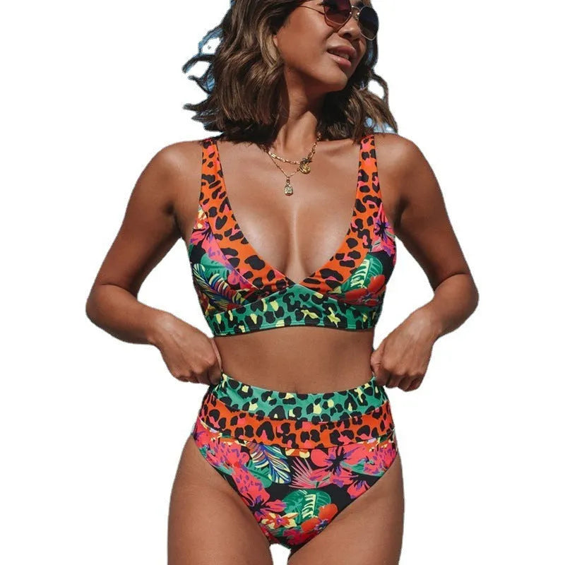 Women's floral print high-waist bikini swimsuit set in polyester.