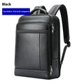 Black cowhide leather business backpack with curved shoulder straps and USB charging port