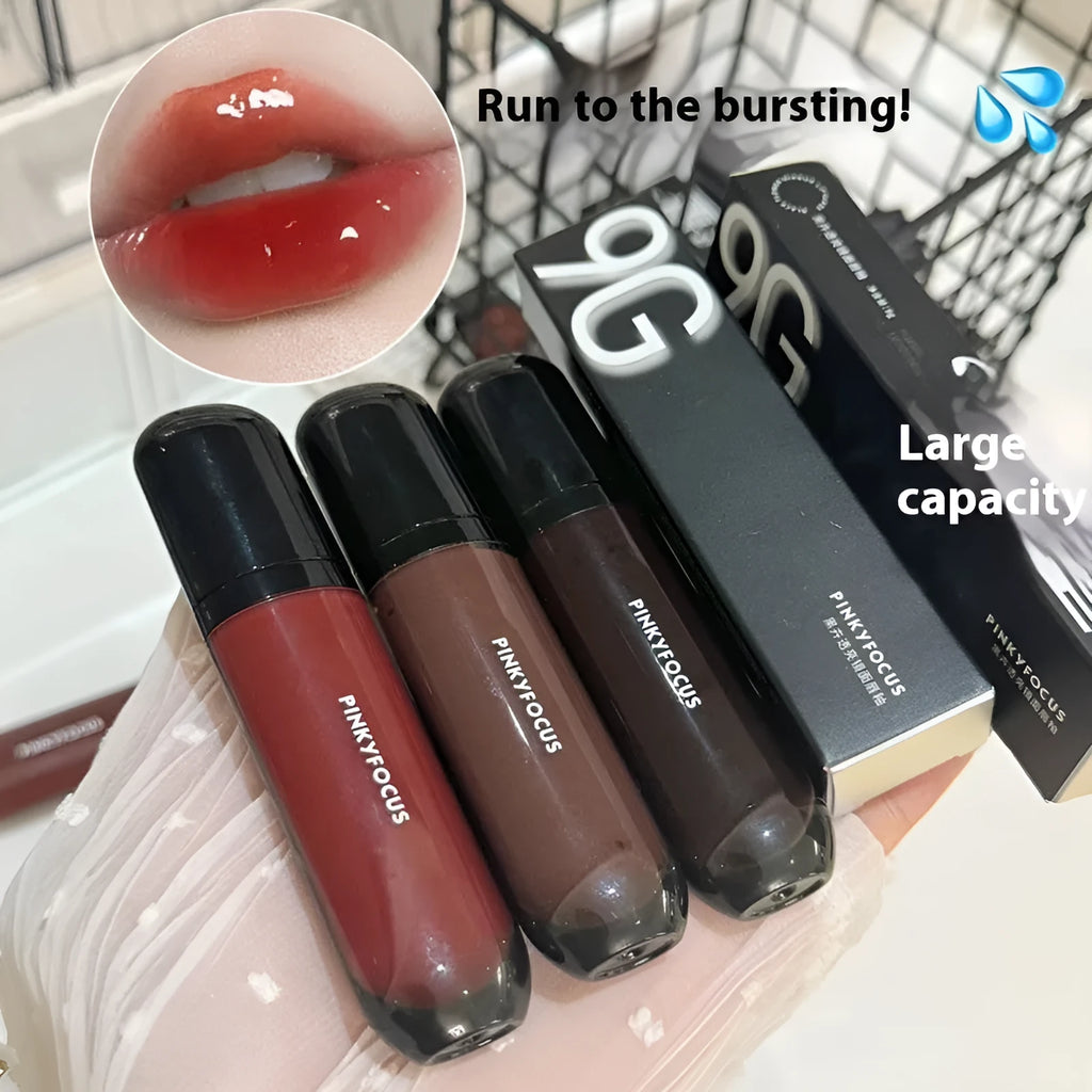 Black shiny Mirror Lip Lacquer with six colour shades displayed