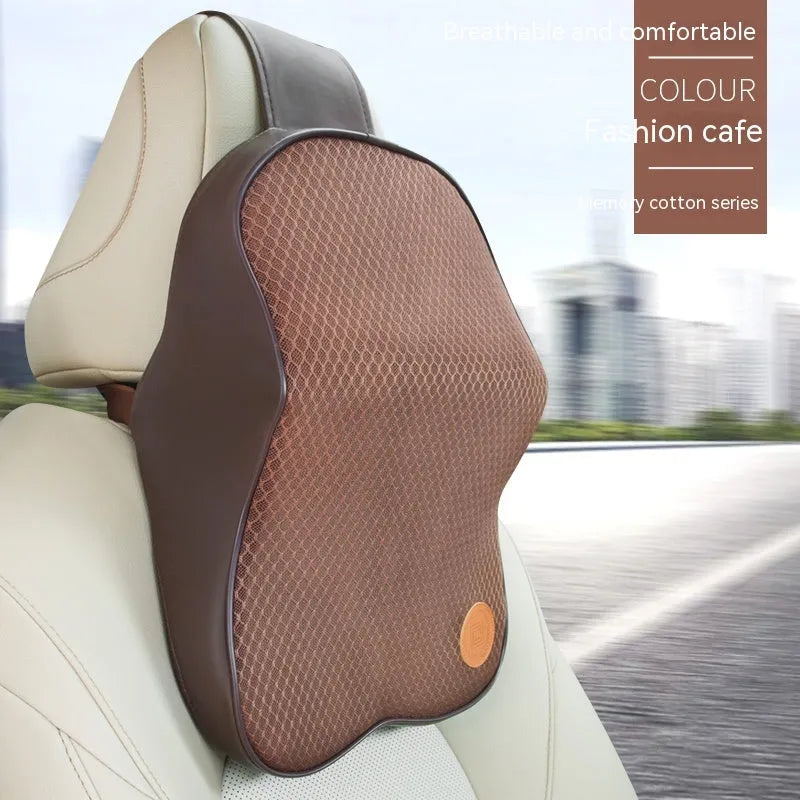 Black and beige memory foam headrest pillow and lumbar support pillow for car seats.