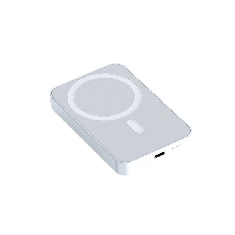 Pink, purple, and white magnetic wireless power bank showing compact 100x64x18mm size