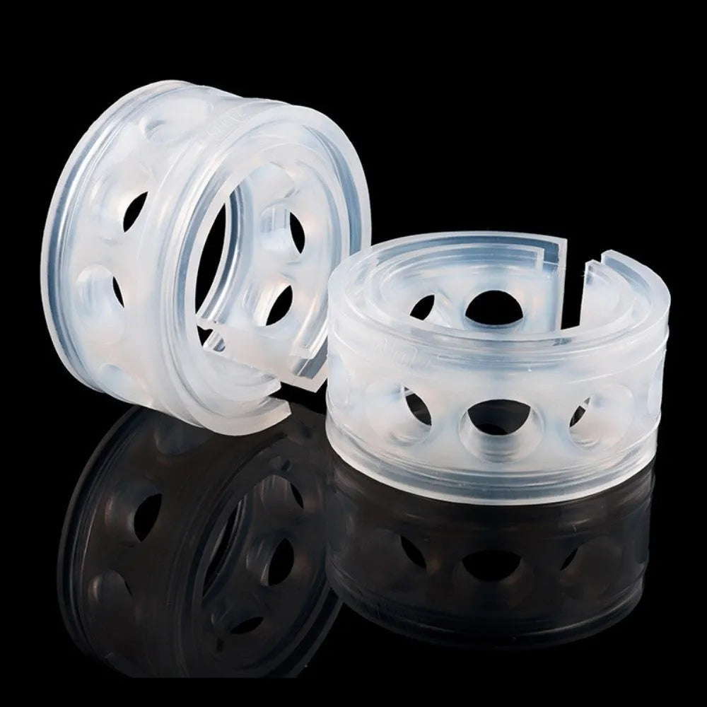 Transparent rubber car spring buffers showing six size options for suspension protection