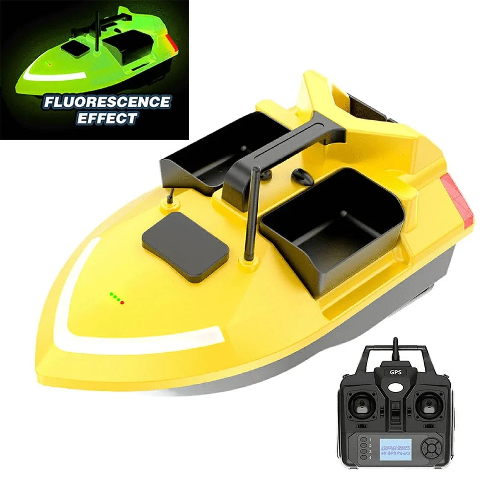 Black GPS remote control fishing boat with antenna and bait compartment
