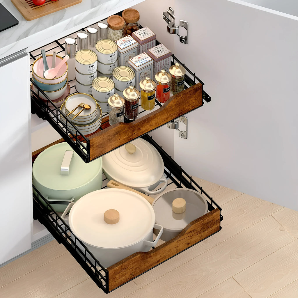 Black wooden and iron pull basket drawer storage rack for home organisation