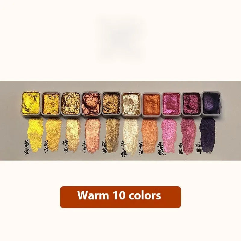 Traditional Chinese painting mineral pearlescent watercolour set showing tubes of 20 colours plus red and white gold