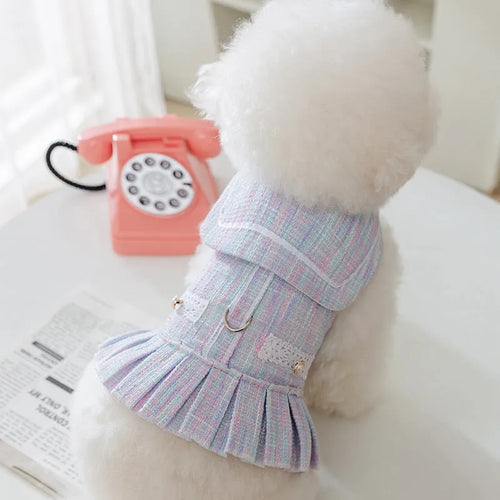 Small dog or cat wearing purple polyester pet clothing, showing the garment's fit and style.