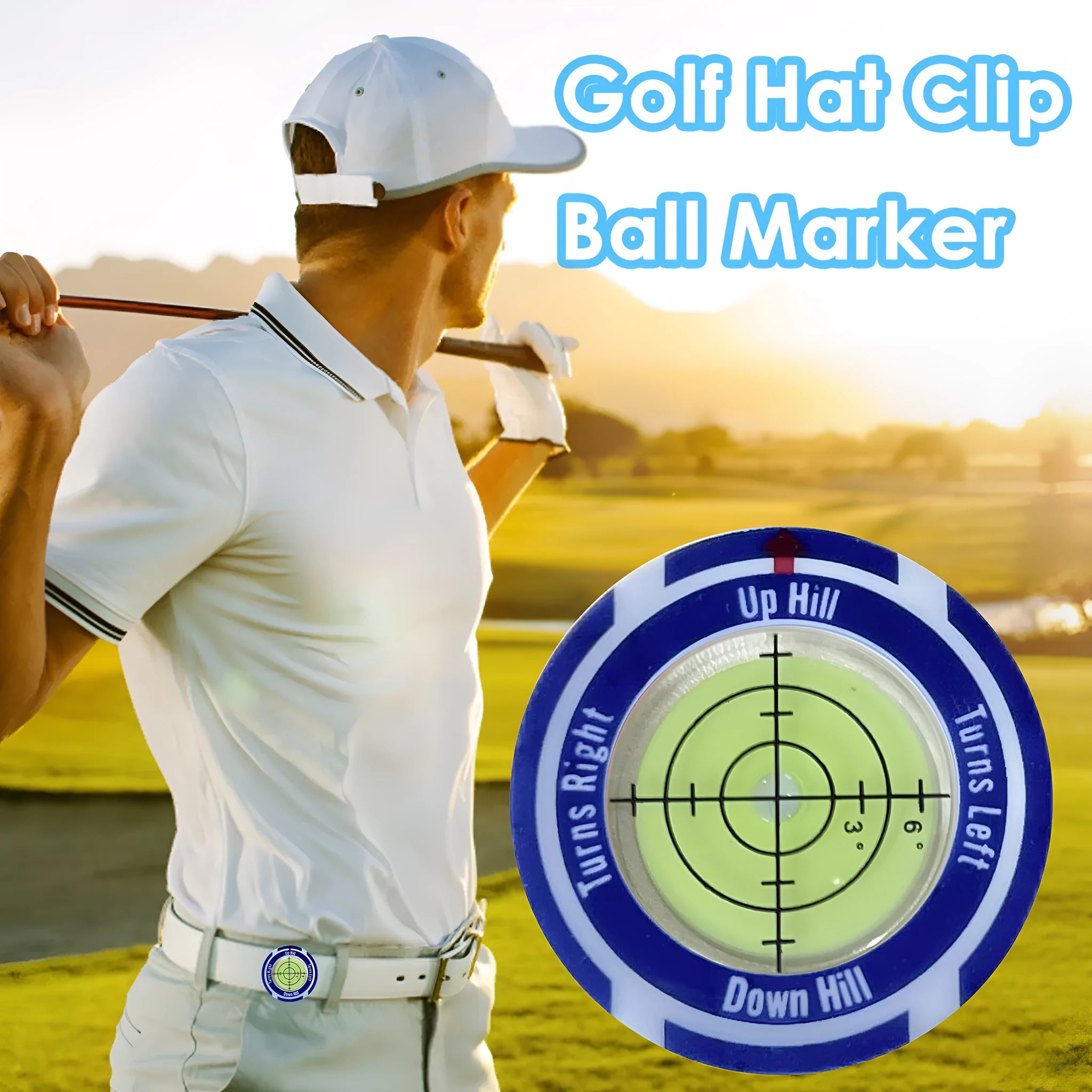 Golf spirit level clip with green bubble vial and alignment marks attached to a golf bag strap
