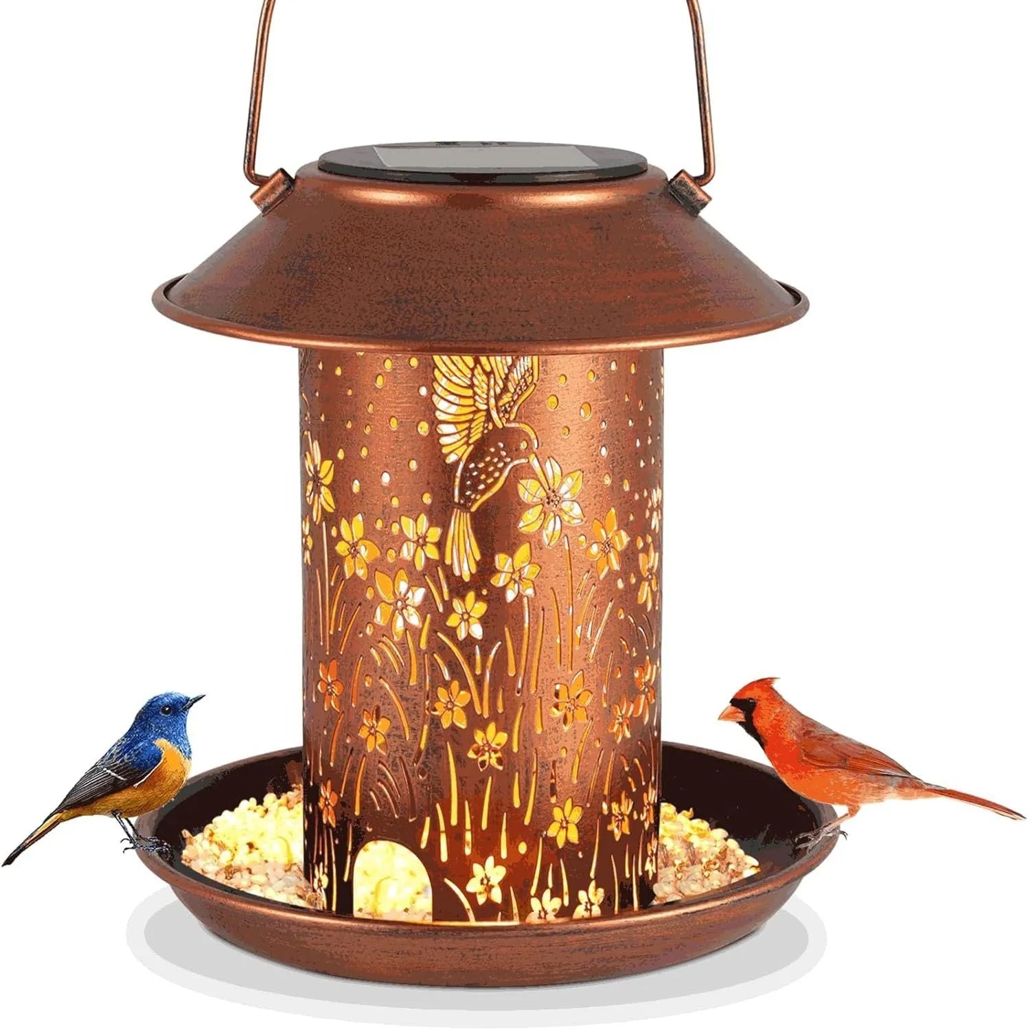 Iron solar bird feeder with hummingbird pattern and integrated LED light for outdoor garden use.