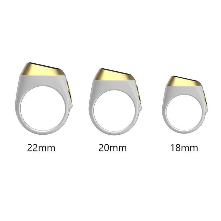 Zikr1 smart ring in black, green, rose gold, or silver on charging case with OLED display showing dhikr count.