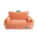 Striped soft velvet pet bed in yellow, orange, and purple colour options with a removable cover.