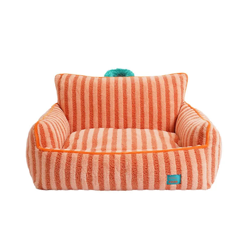 Striped soft velvet pet bed in yellow, orange, and purple colour options with a removable cover.