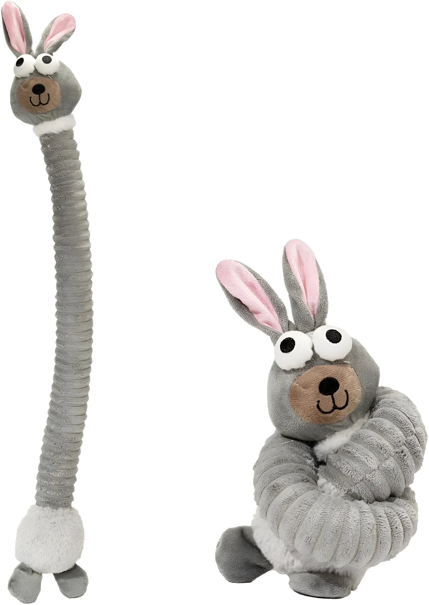 Plush stuffed dog toy with brown, gray or yellow colour options featuring crinkle and squeaker elements