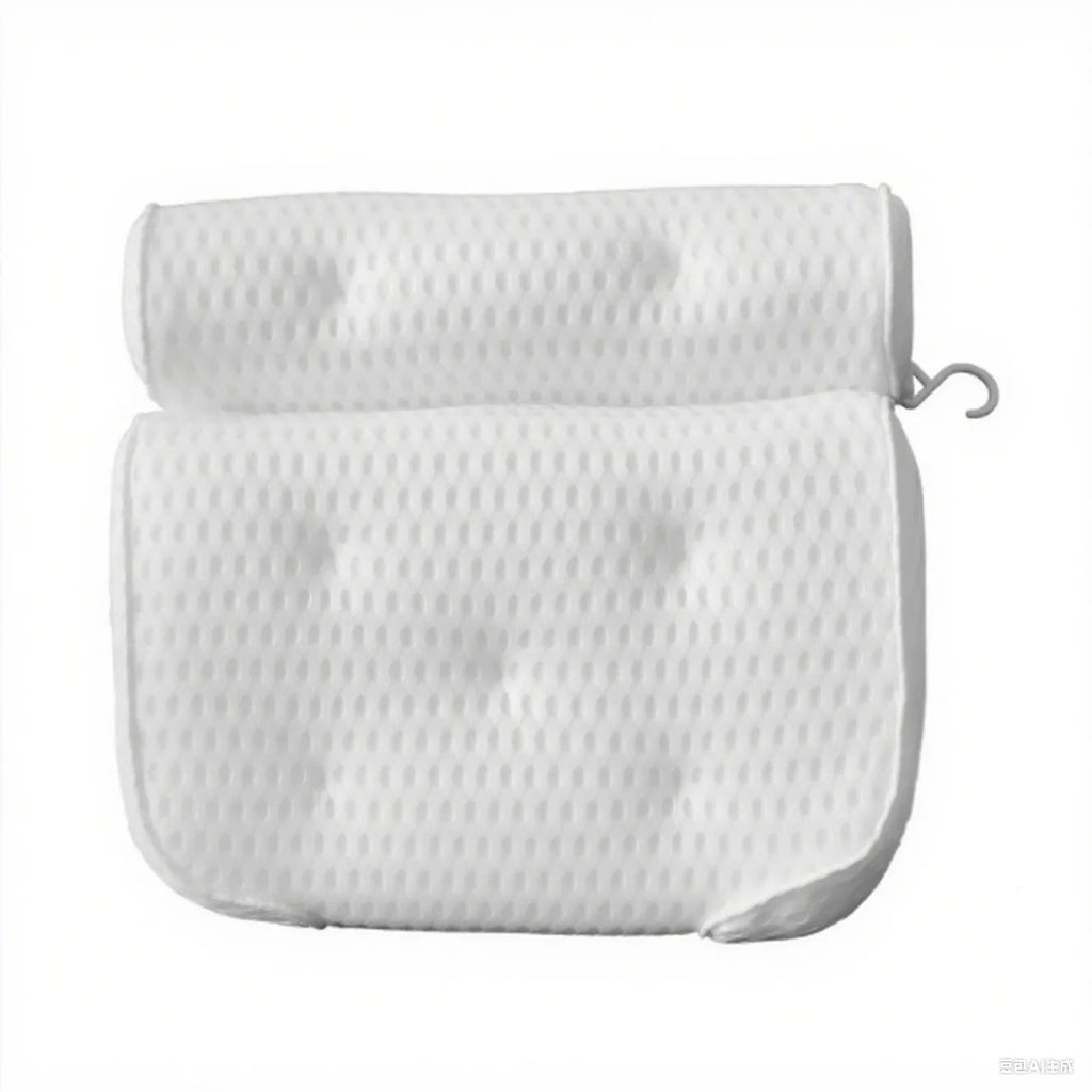 White 4D mesh bathtub pillow with suction cups, shown on bathtub edge.