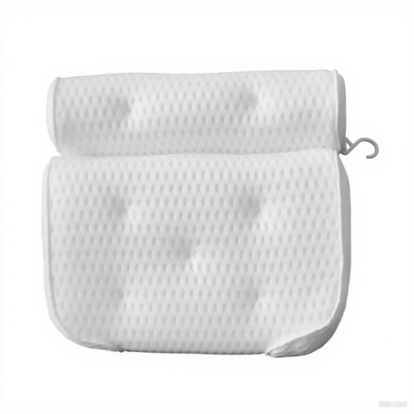 White 4D mesh bathtub pillow with suction cups, shown on bathtub edge.