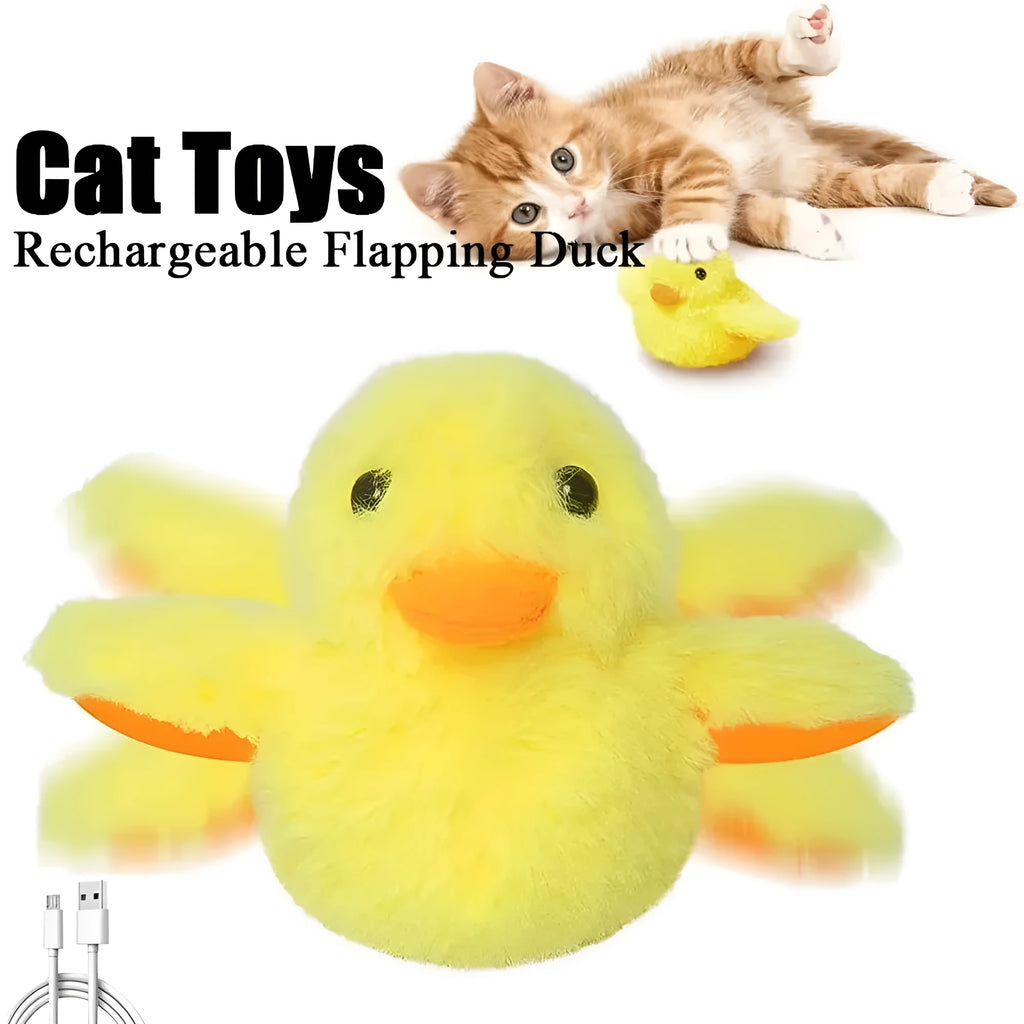 Yellow flapping duck interactive cat toy with plush feathers and a chick design on a plain background.