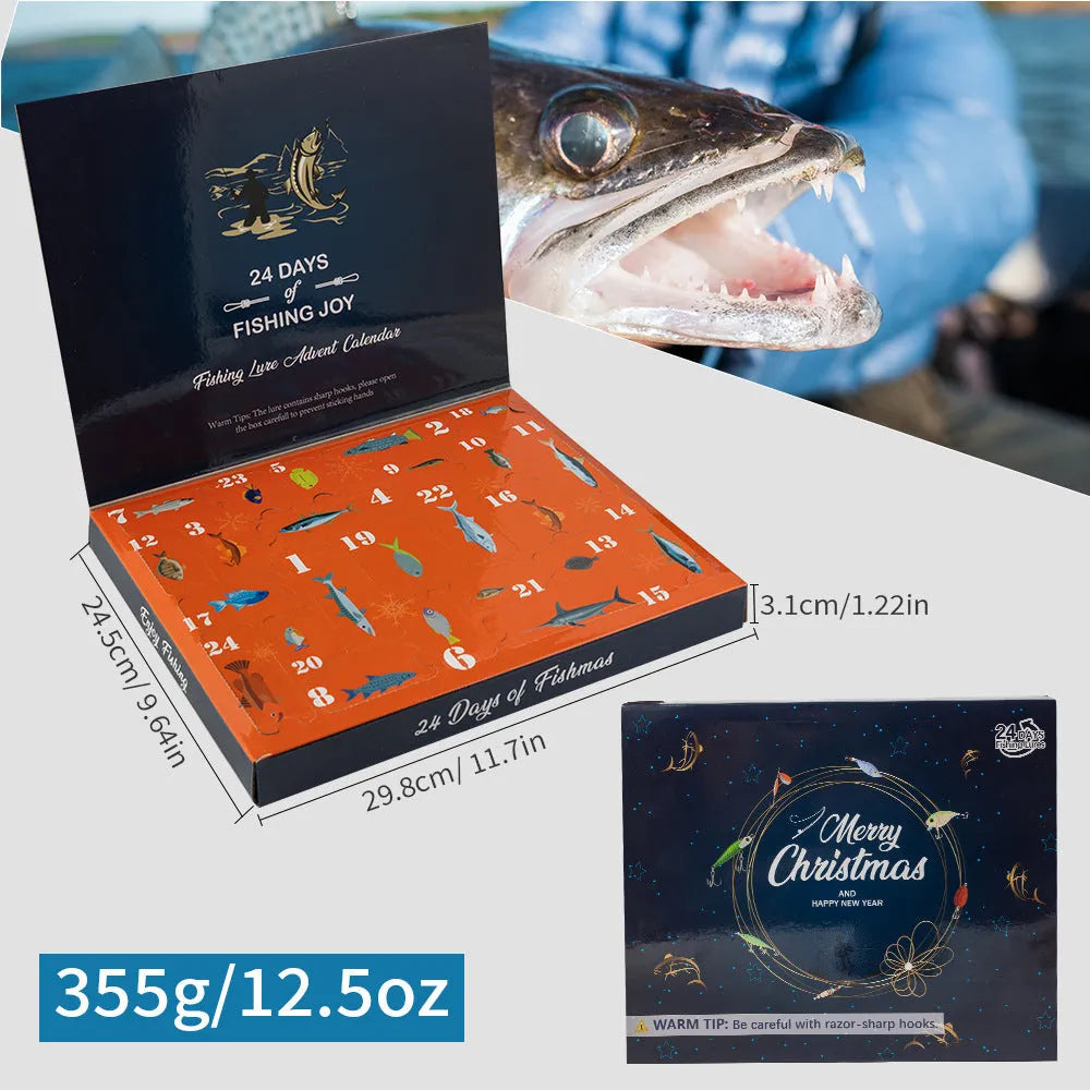 Blind box containing 24-piece metal Christmas fishing set with rod and tackle accessories in 01 style finish