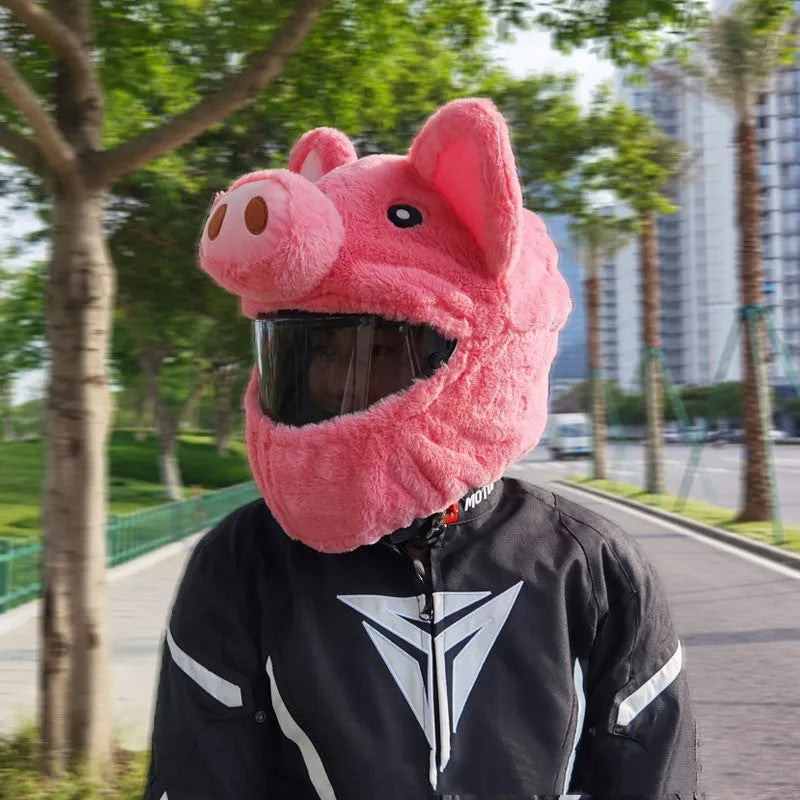 Pinkpig cartoon design plush helmet protective hood covering a motorcycle helmet