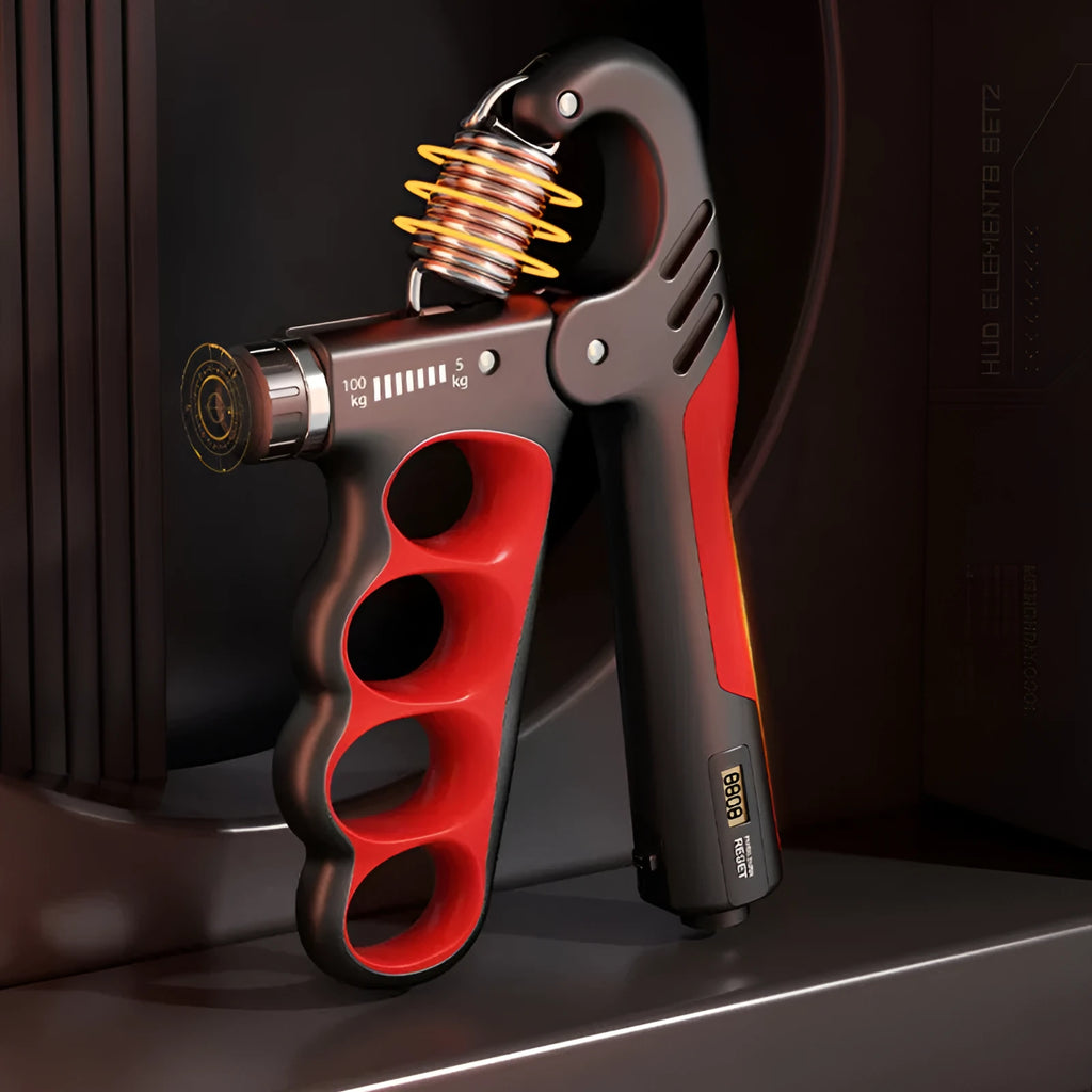 Adjustable electronic count spring grip hand exerciser with a digital counter display.