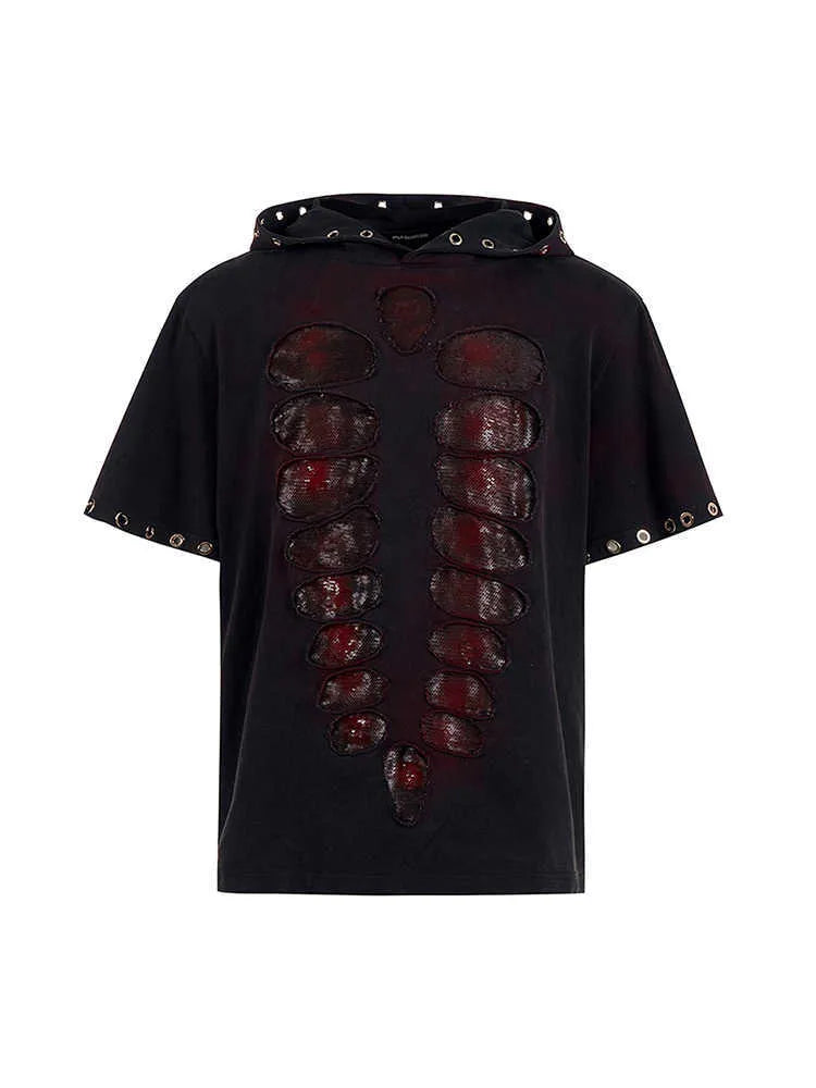 Black men's hooded T-shirt with sequin detailing on loose fit short sleeve design