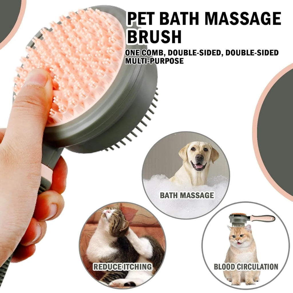 Double-sided cat brush with smooth brush and flea comb on reverse sides, showing release button mechanism