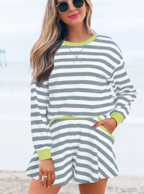 Black stripe women's blouse and shorts co-ord set with ribbed banding detail