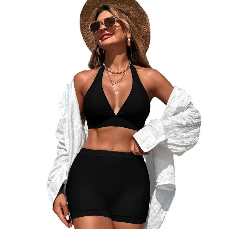 Women's split bikini swimsuit in nylon with polyester lining available in black pink purple blue for hot spring swimming
