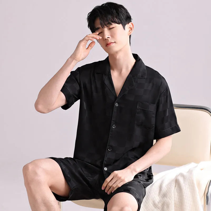 Men's ice silk pajama cardigan set with shorts in lightweight artificial silk fabric with satin jacquard plaid pattern