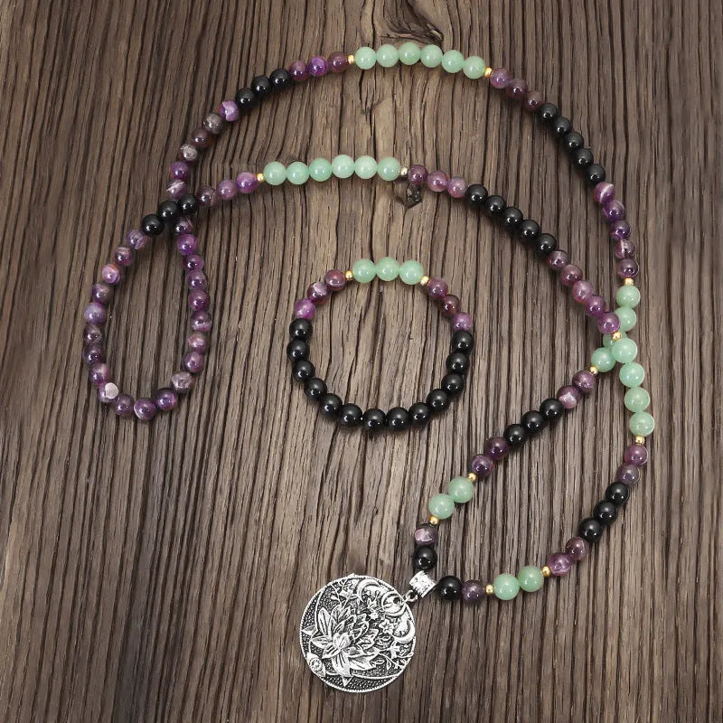 Yoga lotus pendant necklace with matching bracelet, handmade stone beads, geometric design, adjustable length