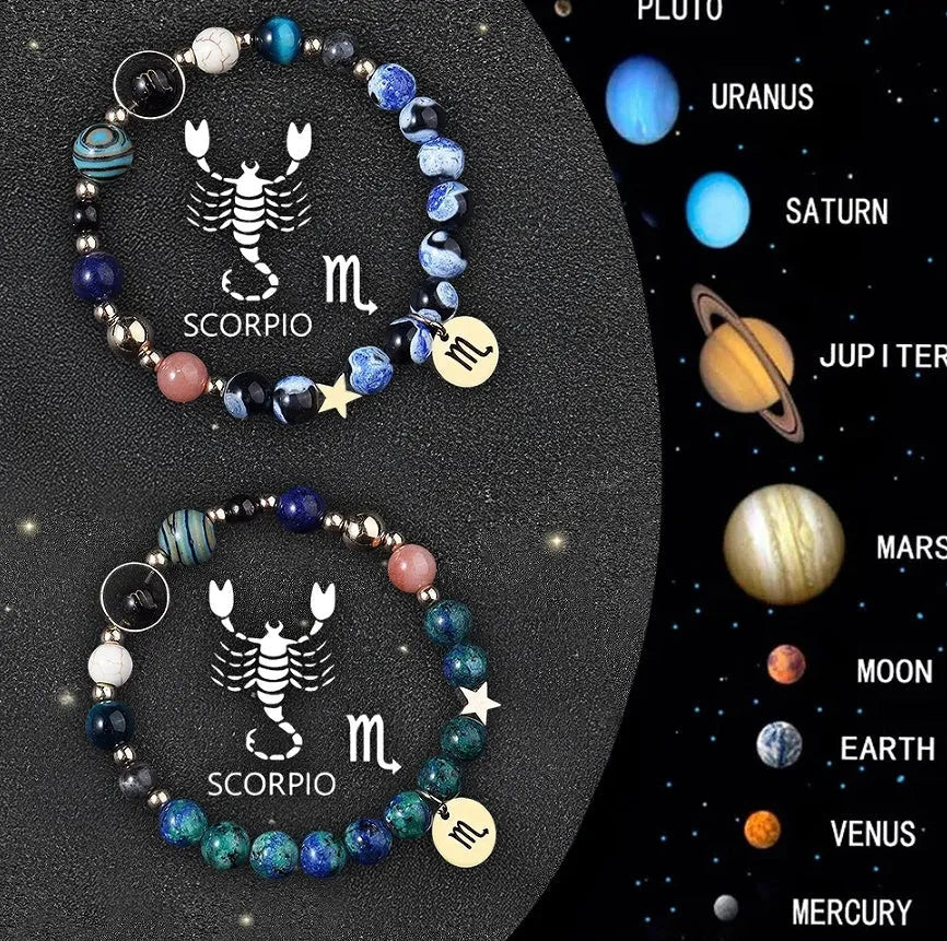 Zodiac sign bracelet with natural stone beads on elastic cord, adjustable astrology jewellery