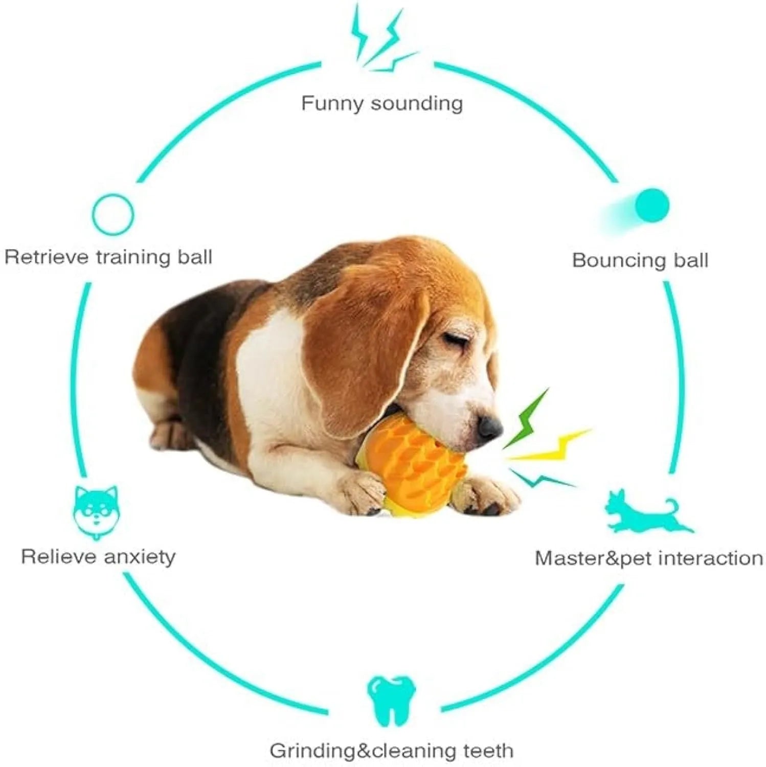 Blue or orange squeaky dog ball toy with spiky texture for dental cleaning and mental enrichment