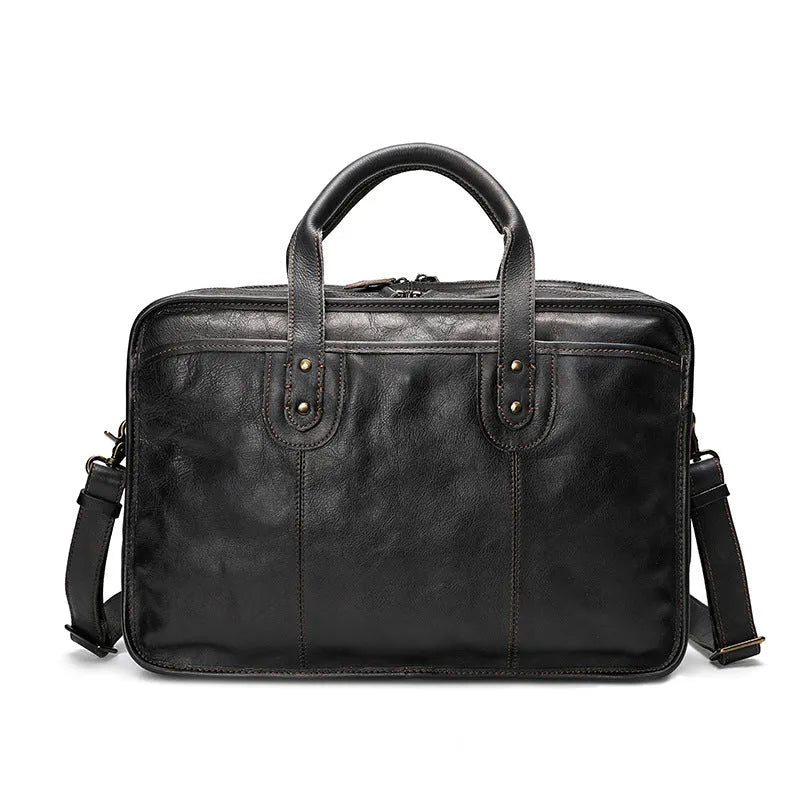 Vintage style leather men's briefcase with multiple internal pockets and 42x15x29cm dimensions