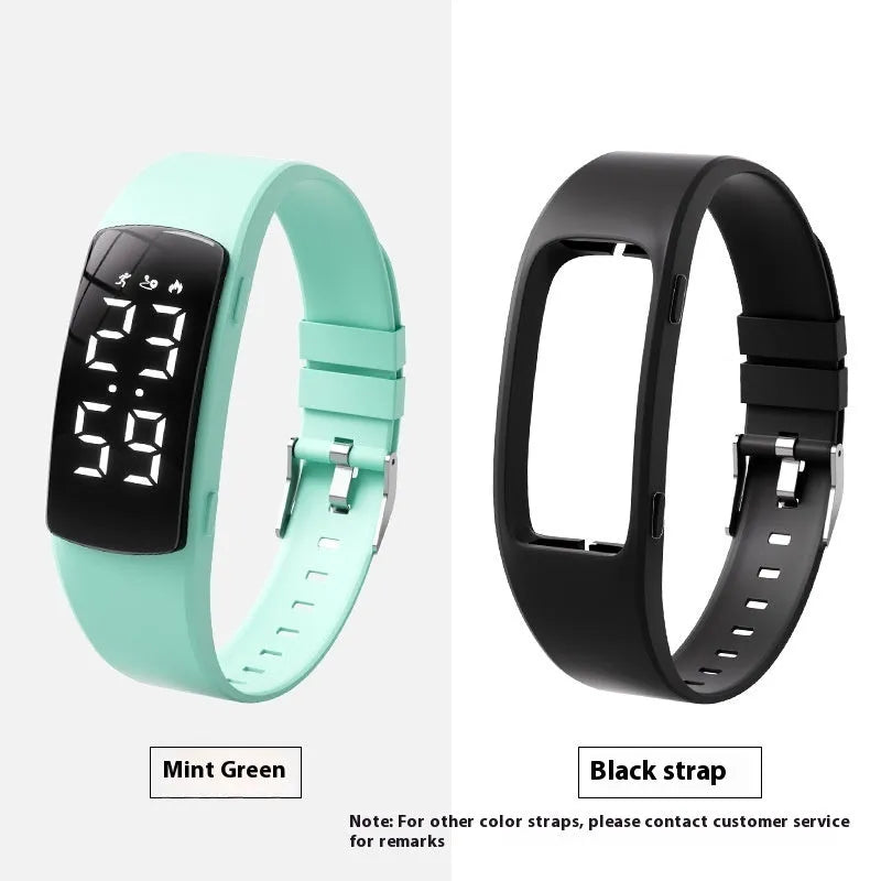 Vibration alarm smart watch with LED display on a silicone strap, shown in a choice of colours.