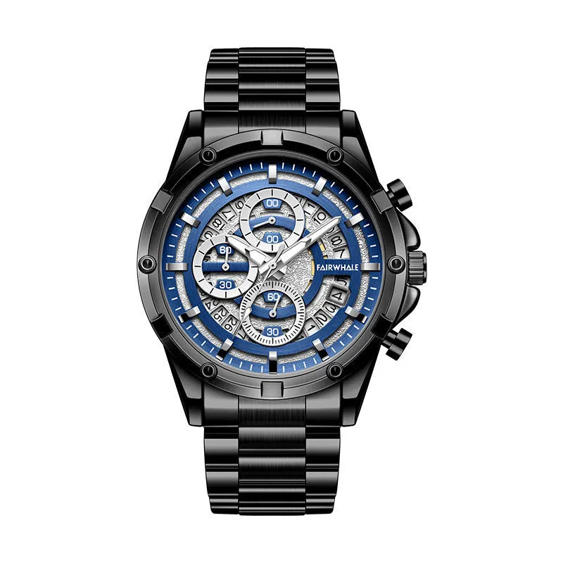 Men's waterproof luminous quartz watch with stainless steel belt in black and blue colour option