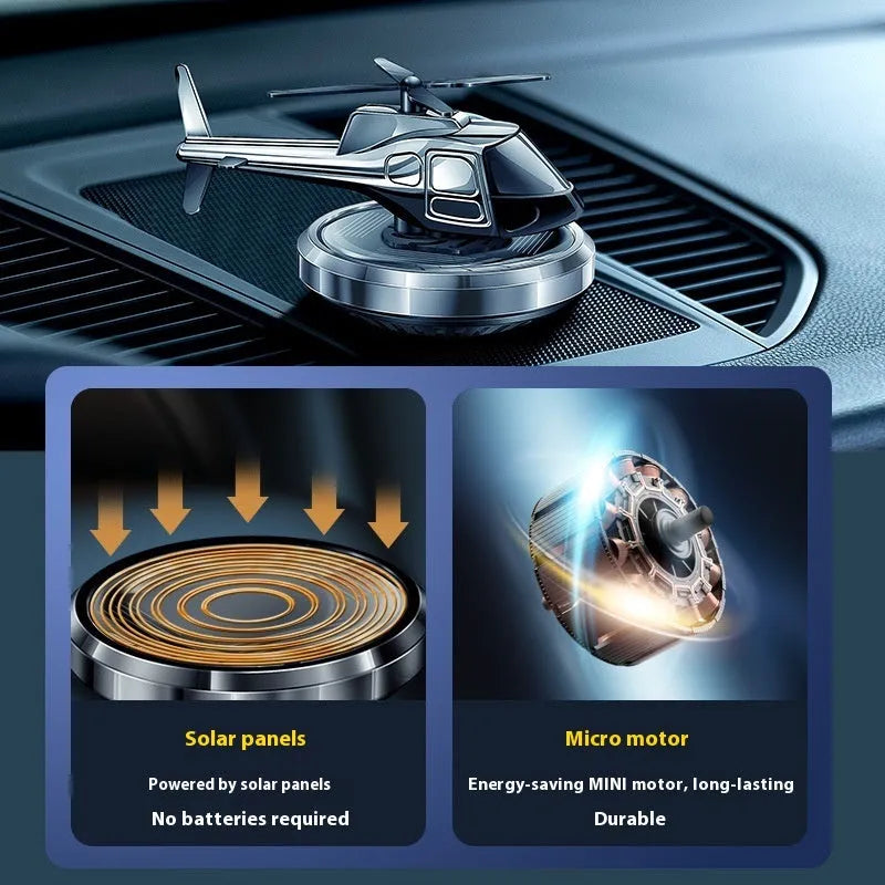 Solar powered metal spinning car perfume air freshener ornament in silver, black and blue colour options