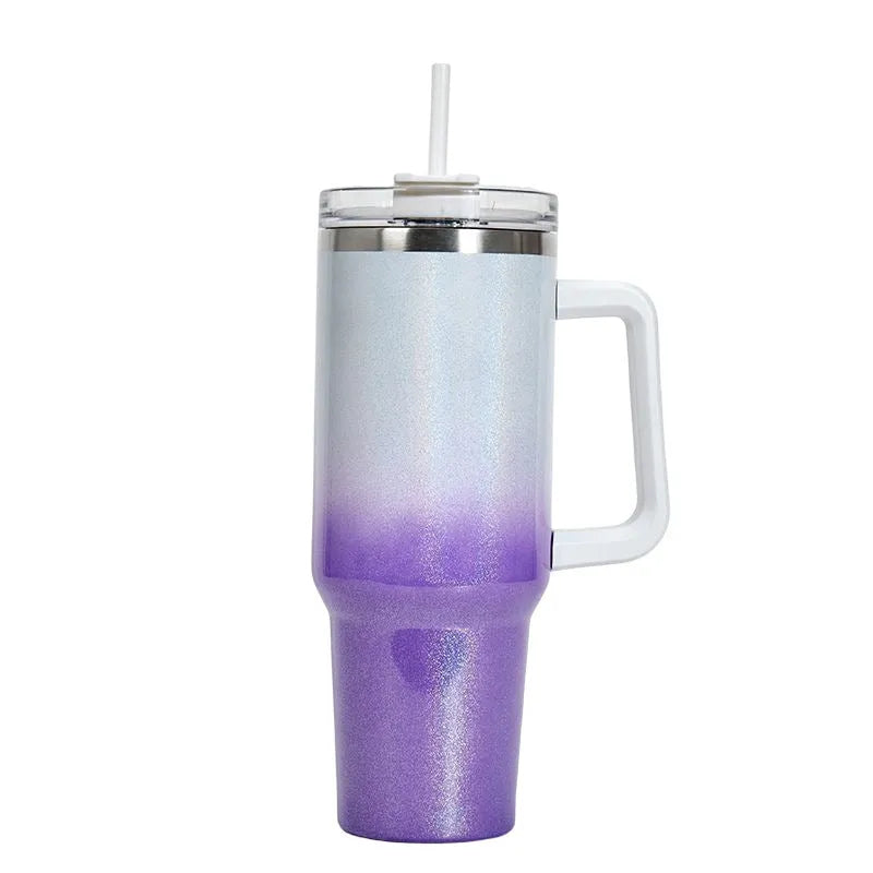 Large stainless steel vacuum insulated cup in a gradient colour option showing its height and simple style.