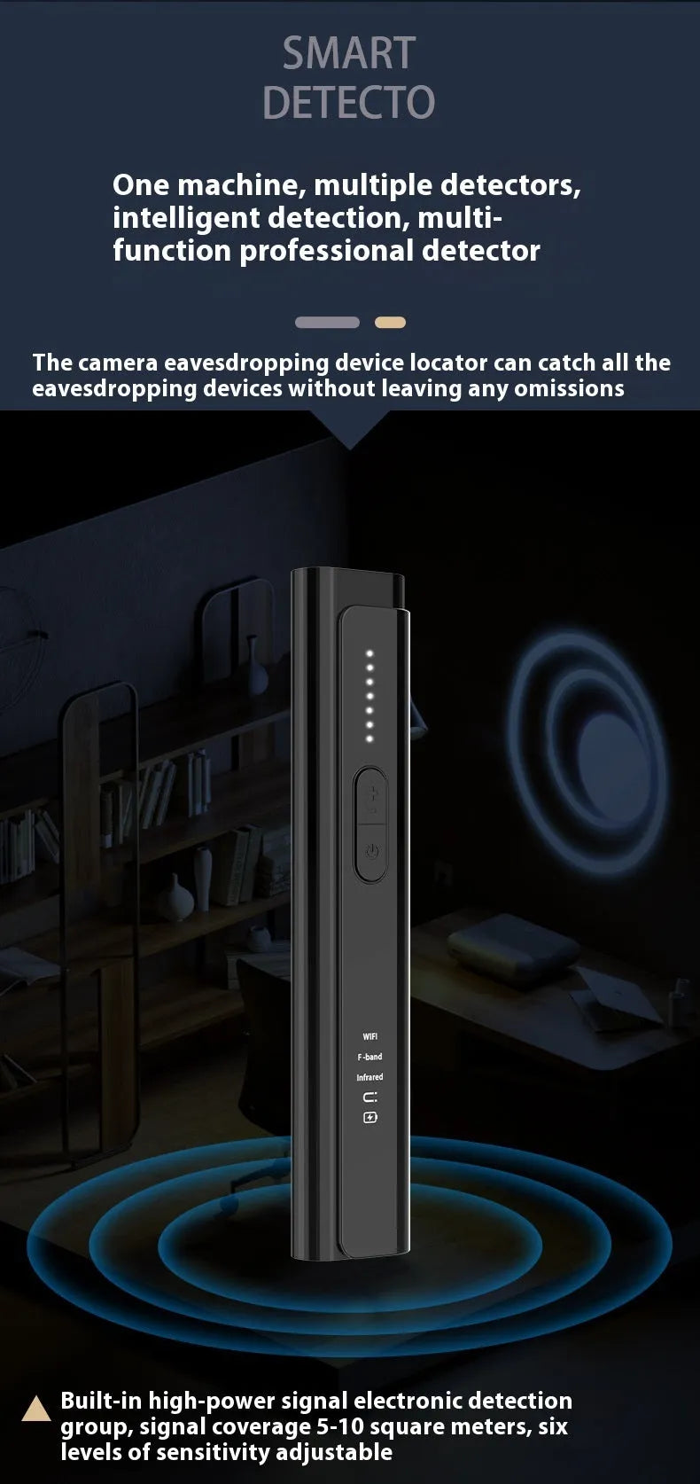 Black and silver Signal Search anti spy camera detector showing 160mm length