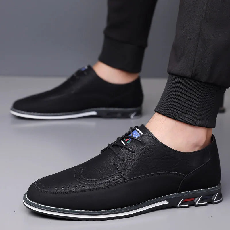 Men's leather casual shoes with rubber sole and low-top design